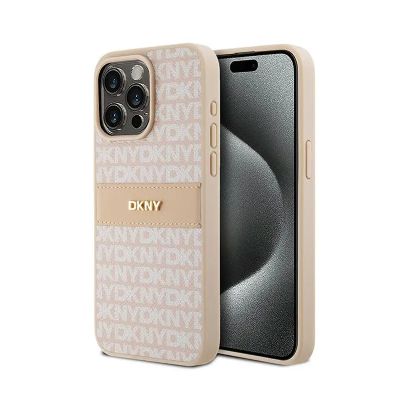 DKNY Leather Mono Stripe & Metal Logo – dėklas iPhone 15 Pro Max (rožinis)