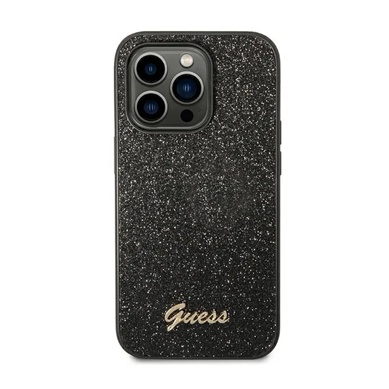 Guess Glitter Flakes Metal Logo dėklas – dėklas, skirtas iPhone 14 Pro (juodas)