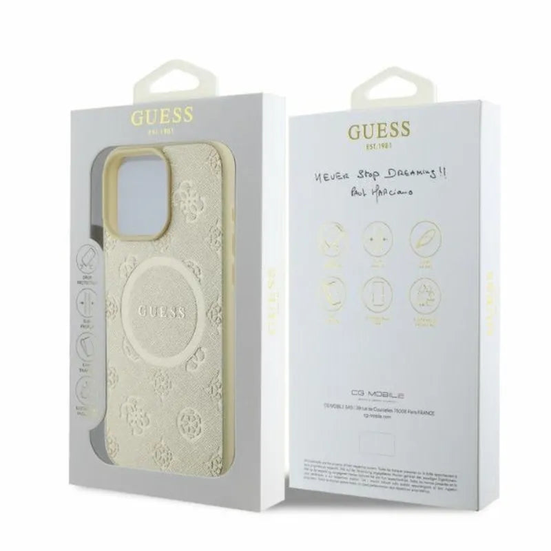 Guess Saffiano Peony Classic Logo MagSafe – dėklas iPhone 16 Pro (auksinis)