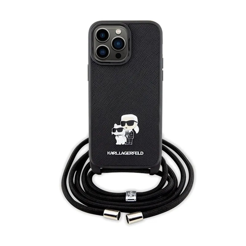 Karl Lagerfeld Crossbody Saffiano Metal Pin Karl & Choupette dėklas iPhone 14 Pro Max (juodas)