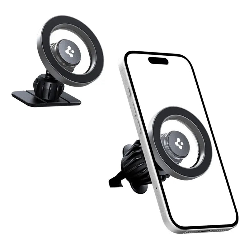 Spigen MFT13 magnetinis automobilinis laikiklis prietaisų skydeliui ir ventiliacijos grotelėms – magnetinis automobilinis laikiklis „MagSafe“ (sidabrinis)