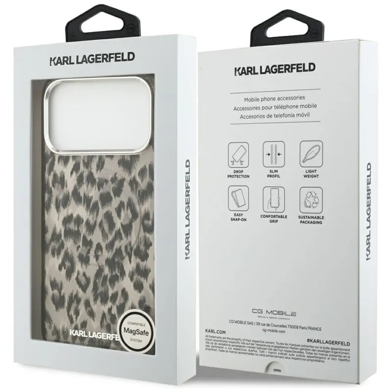 Karl Lagerfeld IML Leopard Pattern MagSafe – dėklas, skirtas iPhone 17 Pro Max (rudas)