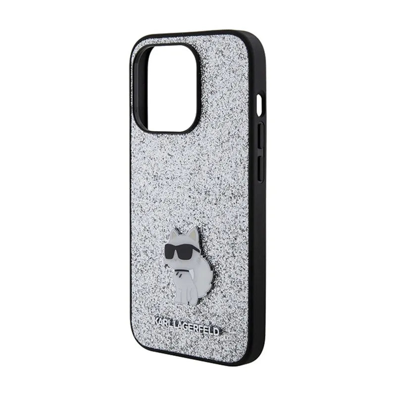 Karl Lagerfeld Fixed Glitter Choupette Logo Metal Pin - dėklas iPhone 15 Pro Max (sidabrinis)