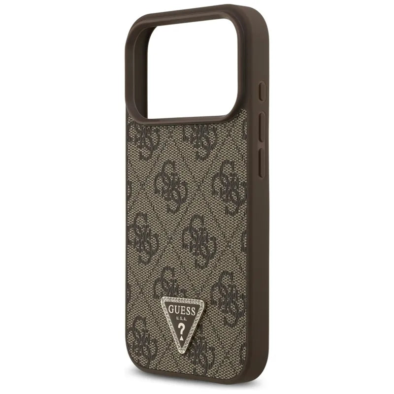 „Guess Leather 4G Triangle Strass MagSafe“ – dėklas „iPhone 17 Pro“ (rudas)