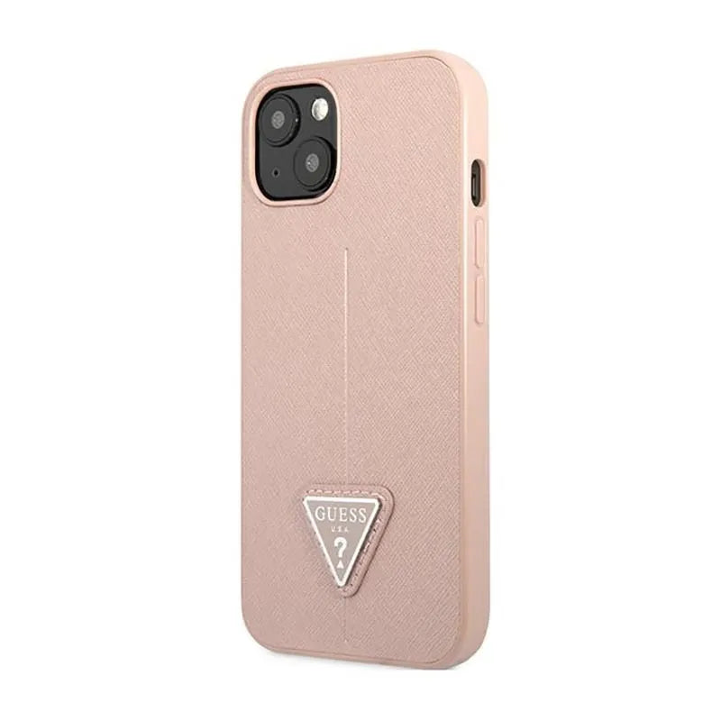 „Guess Saffiano Triangle Logo“ dėklas – dėklas „iPhone 14 Plus“ (rožinis)