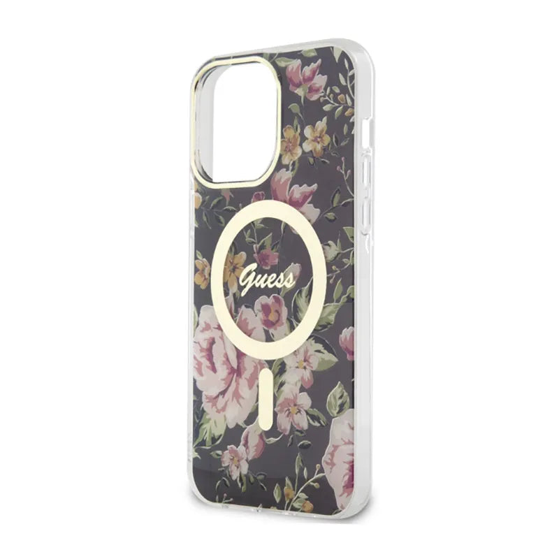 Guess Flower MagSafe - Dėklas iPhone 14 Pro Max (juodas)
