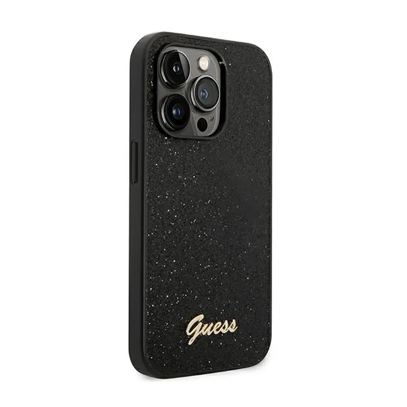 Guess Glitter Flakes Metal Logo dėklas – dėklas, skirtas iPhone 14 Pro (juodas)