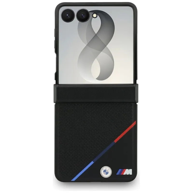 BMW M Leather Perforated Tricolor Stripe Metal Logos MagSafe – dėklas Samsung Galaxy Z Flip 8 (juodas)