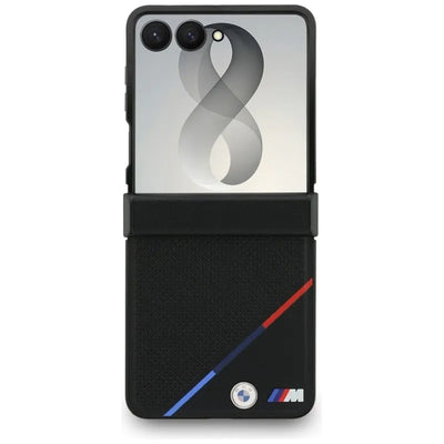 BMW M Leather Perforated Tricolor Stripe Metal Logos MagSafe – dėklas Samsung Galaxy Z Flip 8 (juodas)