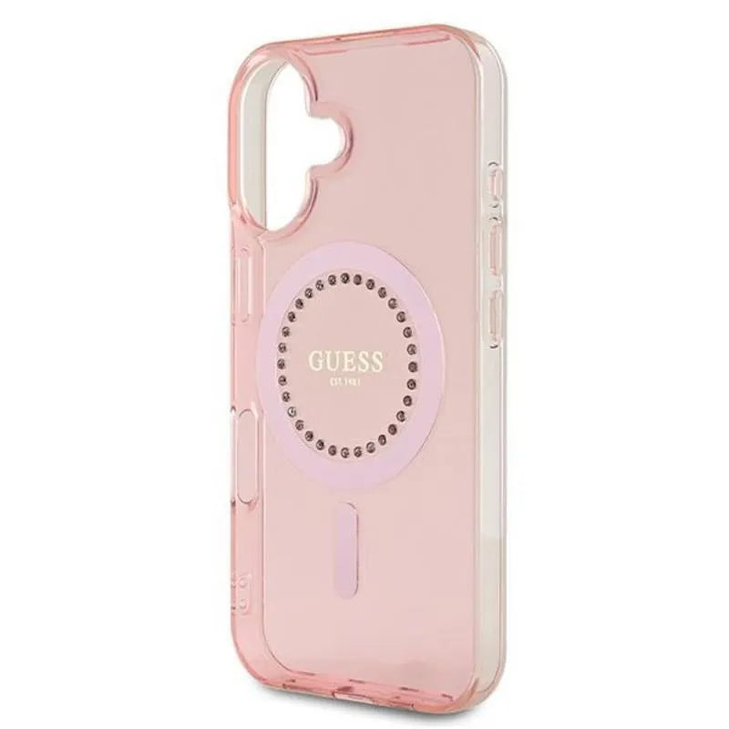 Guess IML Rhinestones MagSafe – dėklas iPhone 16 (rožinis)