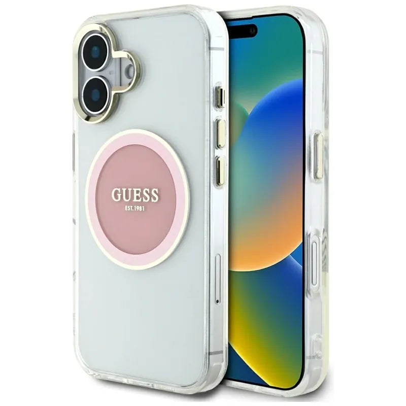 Guess IML Metal Colored Circle Classic Logo MagSafe - Dėklas iPhone 16 (rožinis)