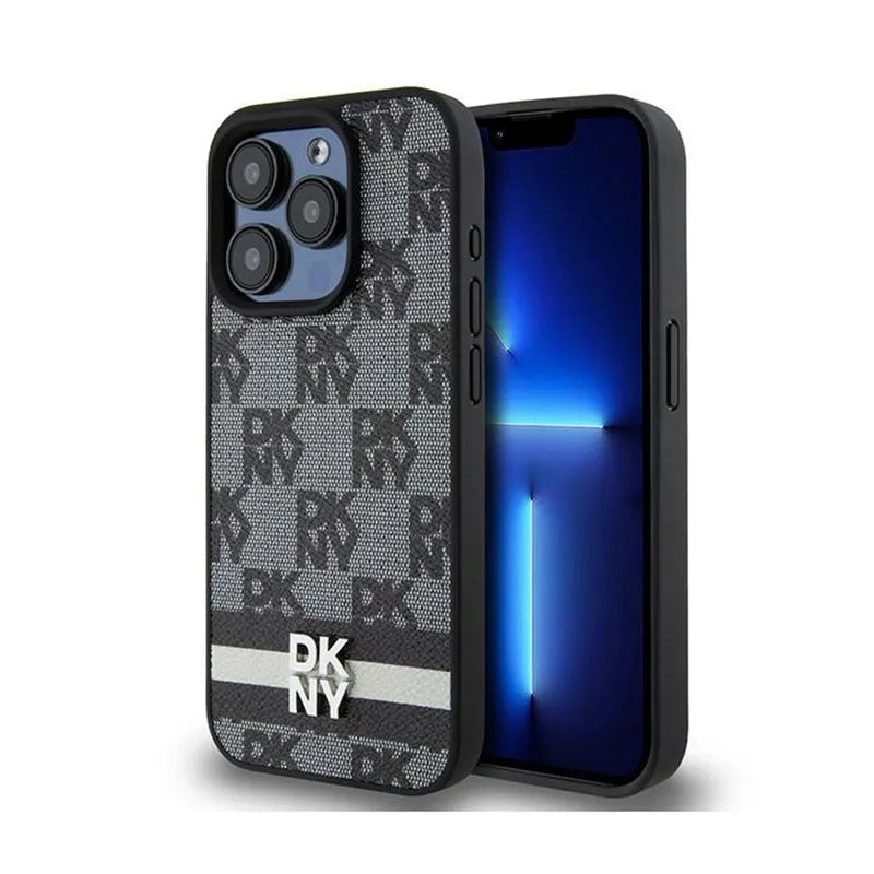 DKNY Leather Checkered Mono Pattern & Printed Stripes – iPhone 15 Pro dėklas (juodas)