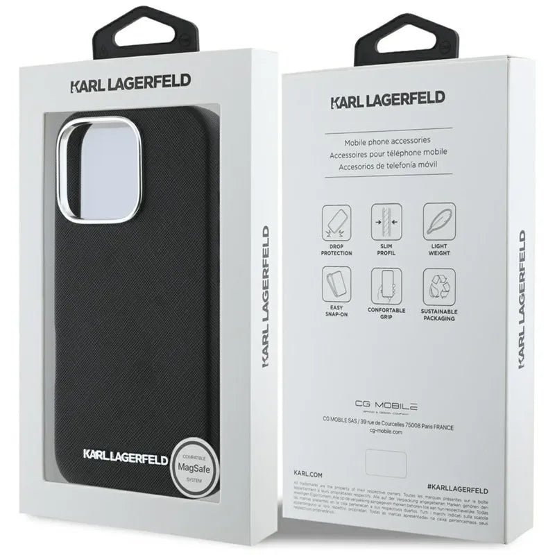 Karl Lagerfeld Saffiano Full Wrapped Elongated Metal Logo MagSafe – dėklas iPhone 16 Pro Max (juodas)