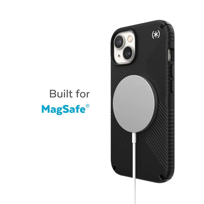 Speck Presidio2 Grip MagSafe – neslystantis iPhone 14 Plus dėklas (juodas / juodas / baltas)