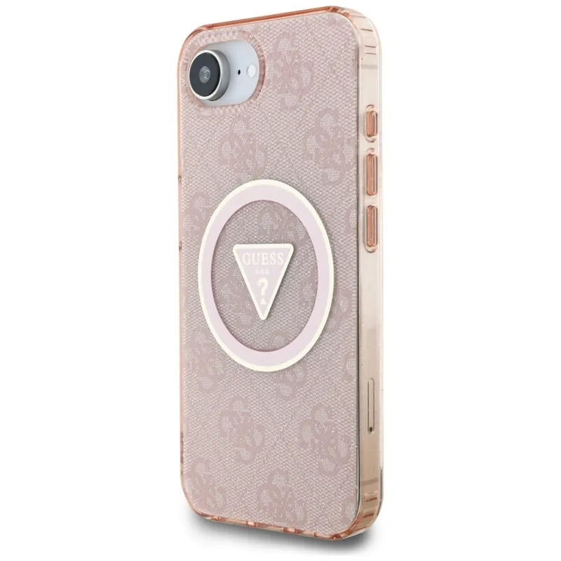 Guess IML Metal Glitter 4G Circle Triangle MagSafe – dėklas iPhone 16e (rožinis)