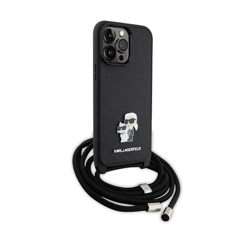 Karl Lagerfeld Crossbody Saffiano Metal Pin Karl & Choupette dėklas iPhone 14 Pro Max (juodas)