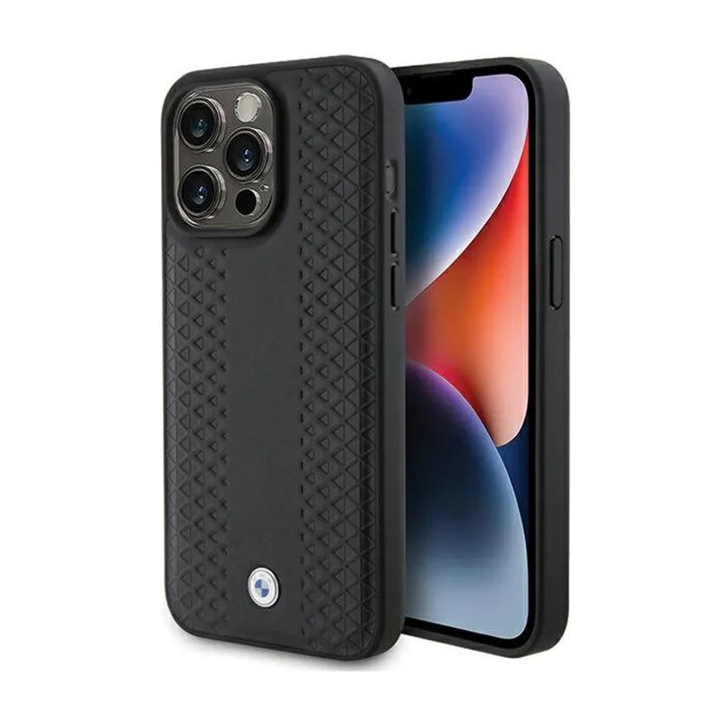 BMW odinis dėklas su rombų raštu, skirtas iPhone 15 Pro Max (juodas)