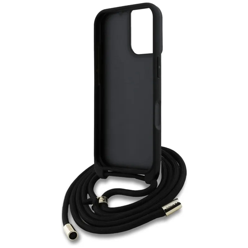„Guess 4G Big Logo Cord Strap Crossbody“ – dėklas „iPhone 16 Plus“ (juodas)