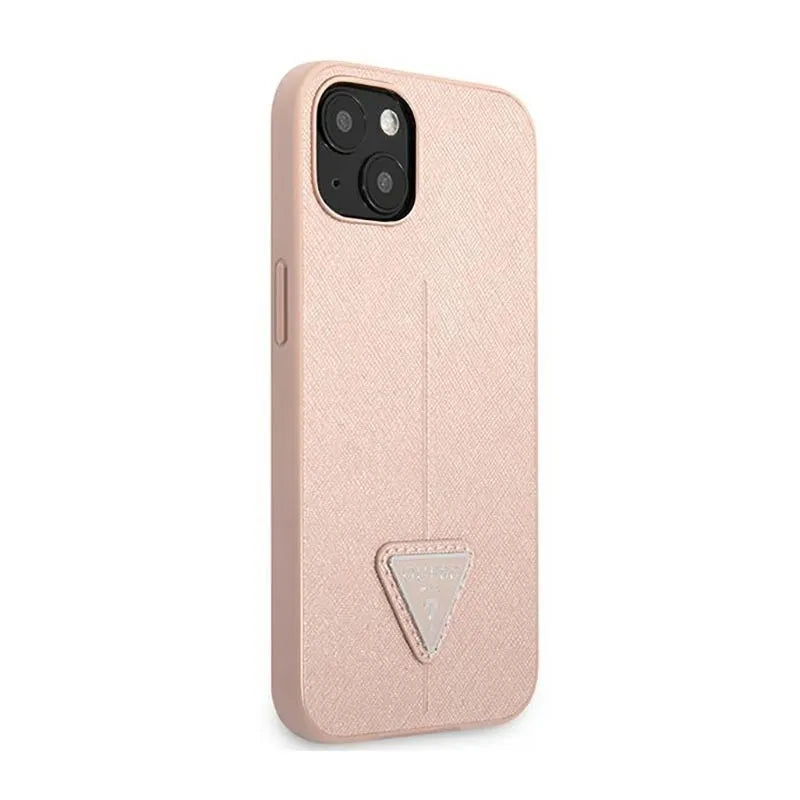 „Guess Saffiano Triangle Logo“ dėklas – dėklas „iPhone 14 Plus“ (rožinis)
