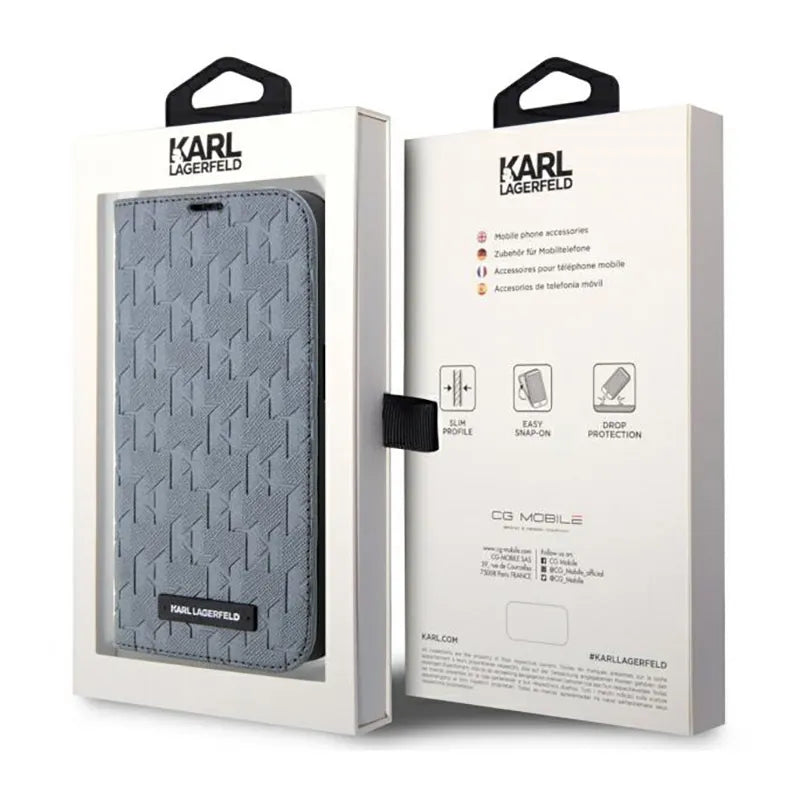 Karl Lagerfeld Booktype Saffiano Monogram – dėklas iPhone 14 Pro Max (sidabrinis)