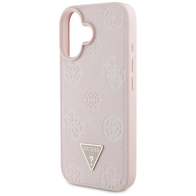 Guess Grained Hot Stamp Peony Triangle Logo MagSafe – dėklas iPhone 16 (rožinis)