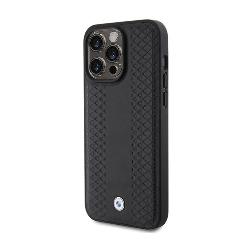 BMW odinis dėklas su rombų raštu, skirtas iPhone 15 Pro Max (juodas)