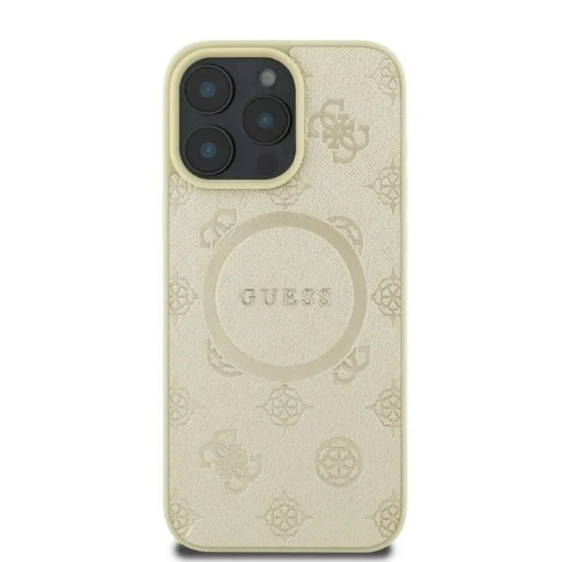 Guess Saffiano Peony Classic Logo MagSafe – dėklas iPhone 16 Pro (auksinis)