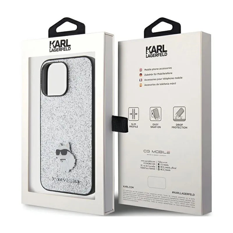 Karl Lagerfeld Fixed Glitter Choupette Logo Metal Pin - dėklas iPhone 15 Pro Max (sidabrinis)