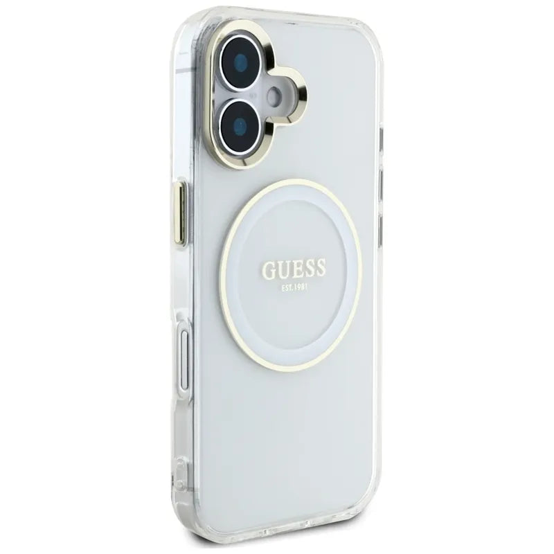Guess IML Metal Colored Circle Classic Logo MagSafe – dėklas iPhone 16 (baltas)