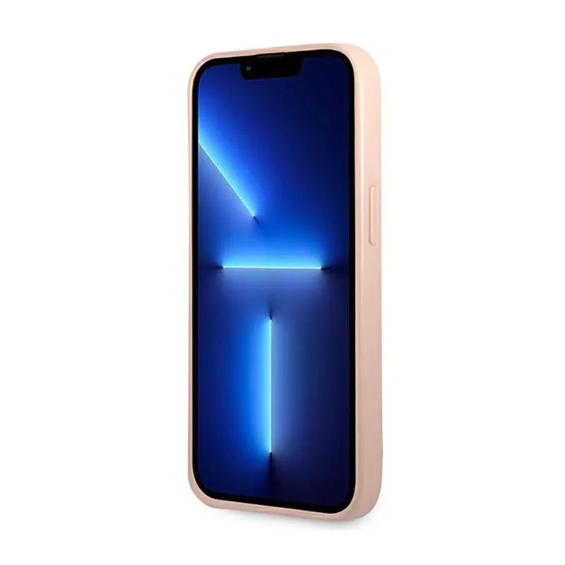 „Guess Saffiano Triangle Logo“ dėklas – dėklas „iPhone 14 Plus“ (rožinis)