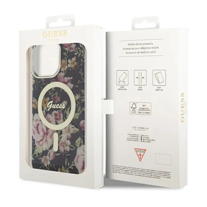 Guess Flower MagSafe - Dėklas iPhone 14 Pro Max (juodas)