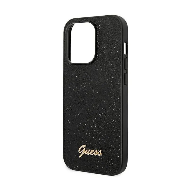Guess Glitter Flakes Metal Logo dėklas – dėklas, skirtas iPhone 14 Pro (juodas)