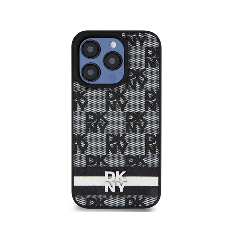 DKNY Leather Checkered Mono Pattern & Printed Stripes – iPhone 15 Pro dėklas (juodas)