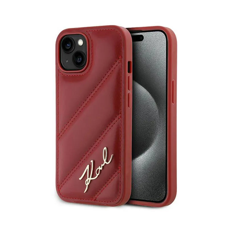 Karl Lagerfeld Diagonal Quilted Script - dėklas, skirtas iPhone 15 / 14 / 13 (raudonas)