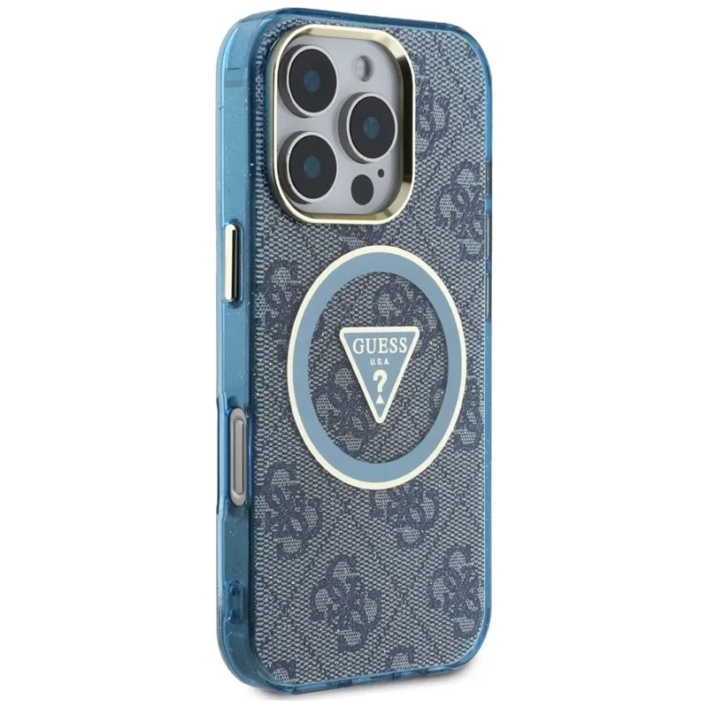 Guess IML Metal Glitter 4G Circle Triangle MagSafe – dėklas iPhone 16 Pro Max telefonui (mėlynas)