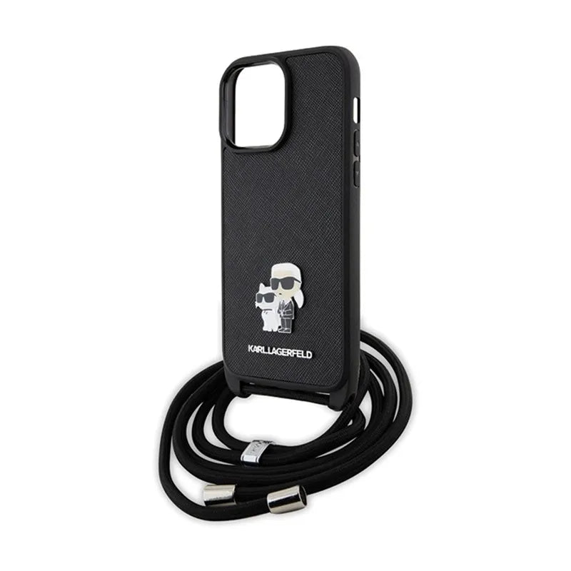 Karl Lagerfeld Crossbody Saffiano Metal Pin Karl & Choupette dėklas iPhone 14 Pro Max (juodas)