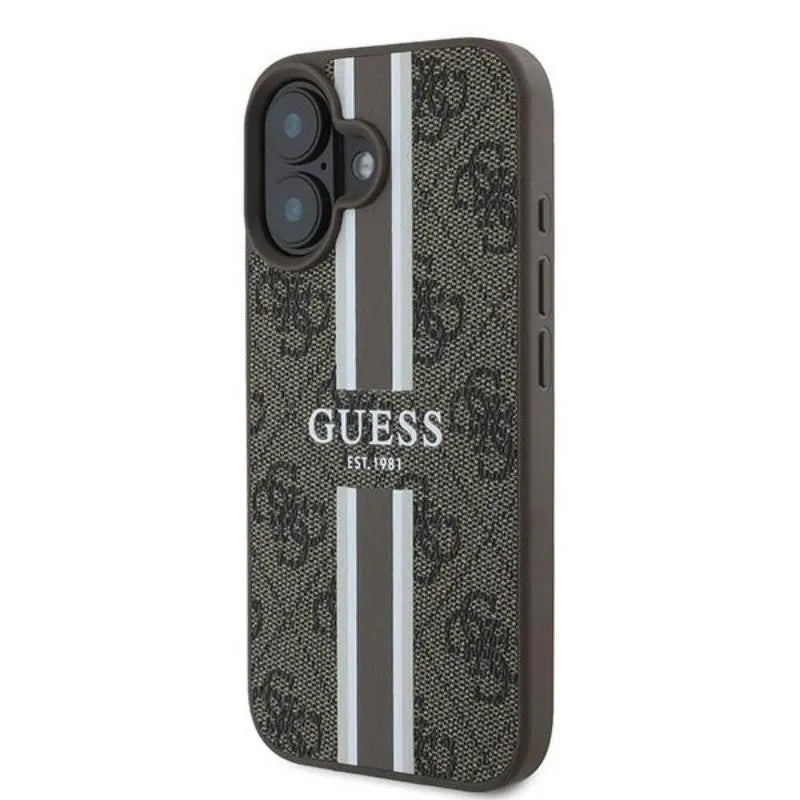 Guess 4G Printed Stripes MagSafe – dėklas iPhone 16 Plus (ruda)