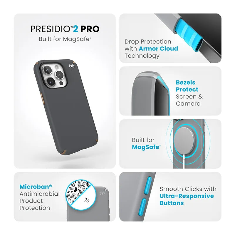 Speck Presidio2 Pro Magsafe – „iPhone 15 Pro“ dėklas (anglies pilka / vėsi bronza / balta)
