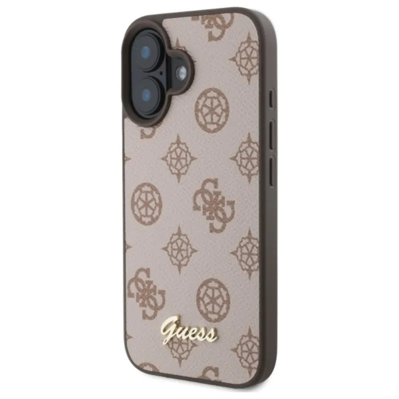 Guess Peony Script MagSafe dėklas, skirtas iPhone 16 (rudas)