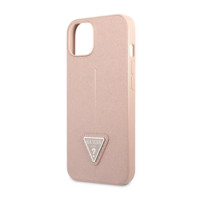 „Guess Saffiano Triangle Logo“ dėklas – dėklas „iPhone 14 Plus“ (rožinis)
