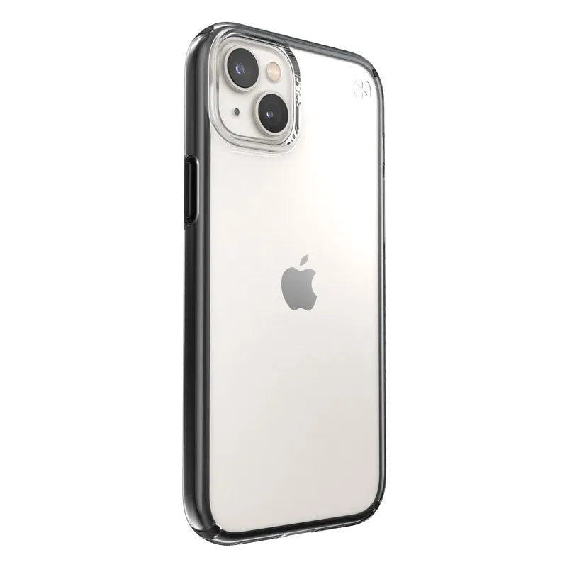 Speck Presidio Perfect-Clear su Impact Geometry – iPhone 15 Plus / 14 Plus dėklas su MICROBAN danga (skaidrus / juodas)