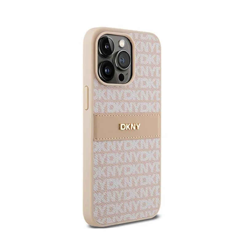 DKNY Leather Mono Stripe & Metal Logo – dėklas iPhone 15 Pro Max (rožinis)