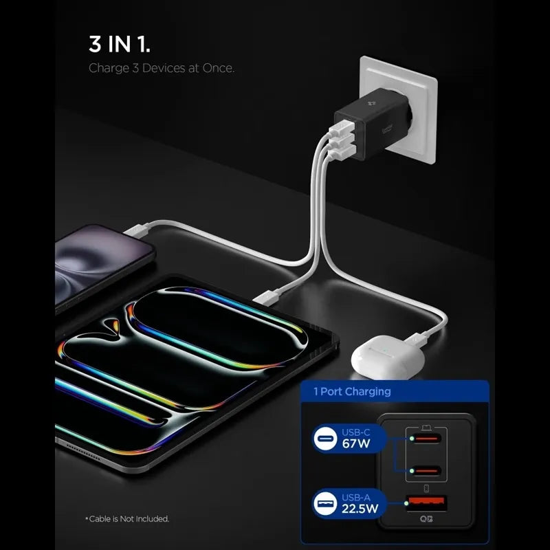 Spigen Essential EE673EU GaN Pro - Sieninis įkroviklis 2x USB-C + USB-A 67W (Juodas)