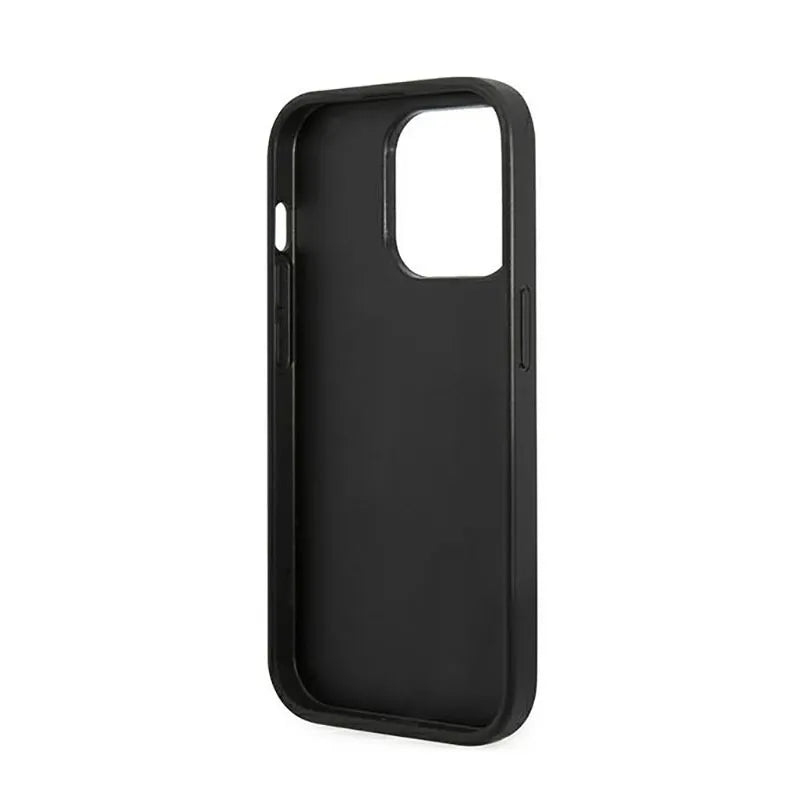 Guess Glitter Flakes Metal Logo dėklas – dėklas, skirtas iPhone 14 Pro (juodas)