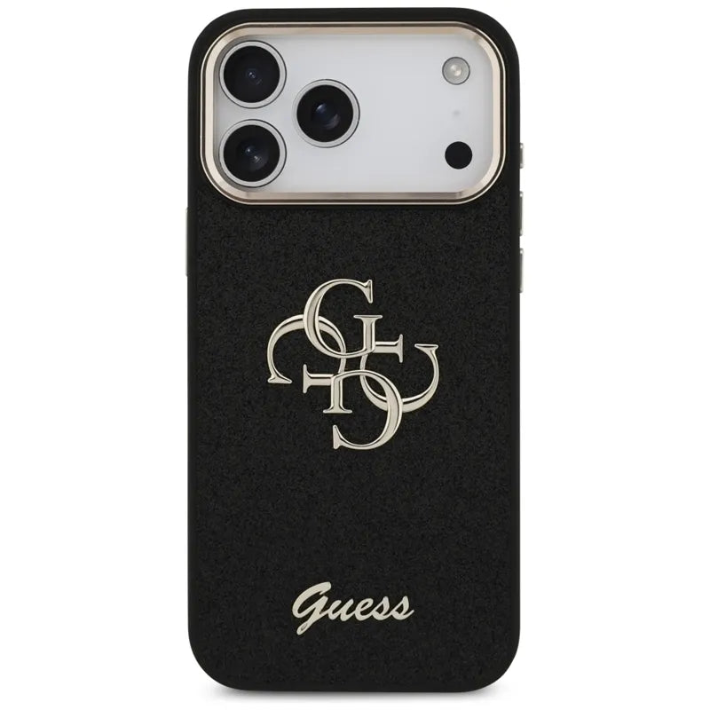 „Guess Fixed Glitter Big 4G Metal Frame“ – dėklas „iPhone 17 Pro Max“ (juodas)
