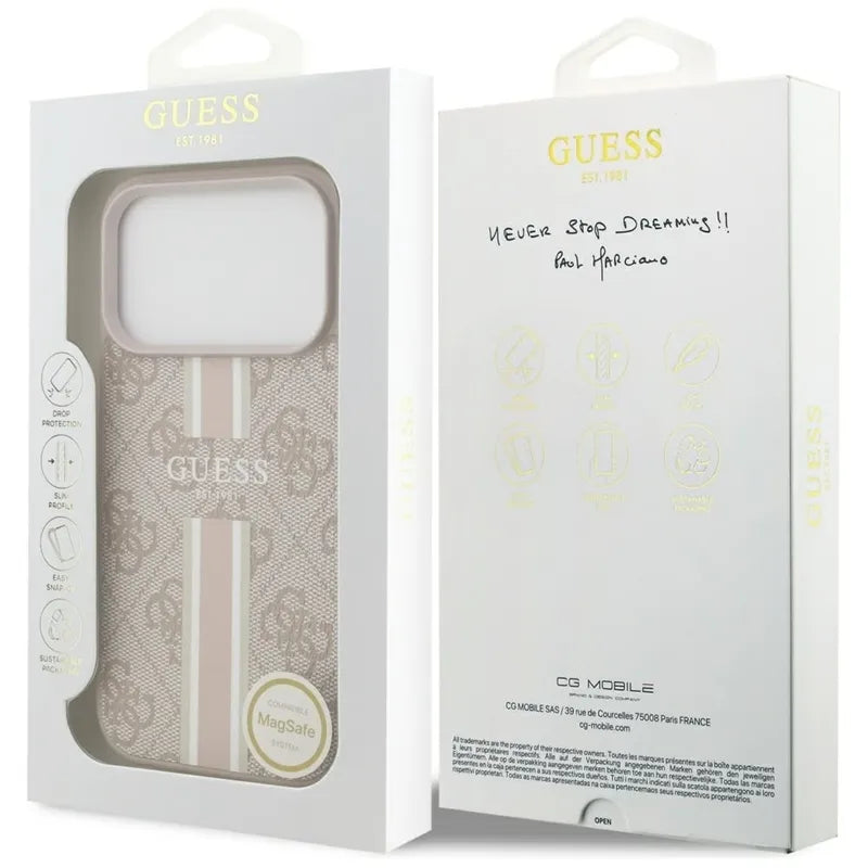 „Guess 4G Printed Stripes MagSafe“ – dėklas „iPhone 17 Pro“ (rožinis)