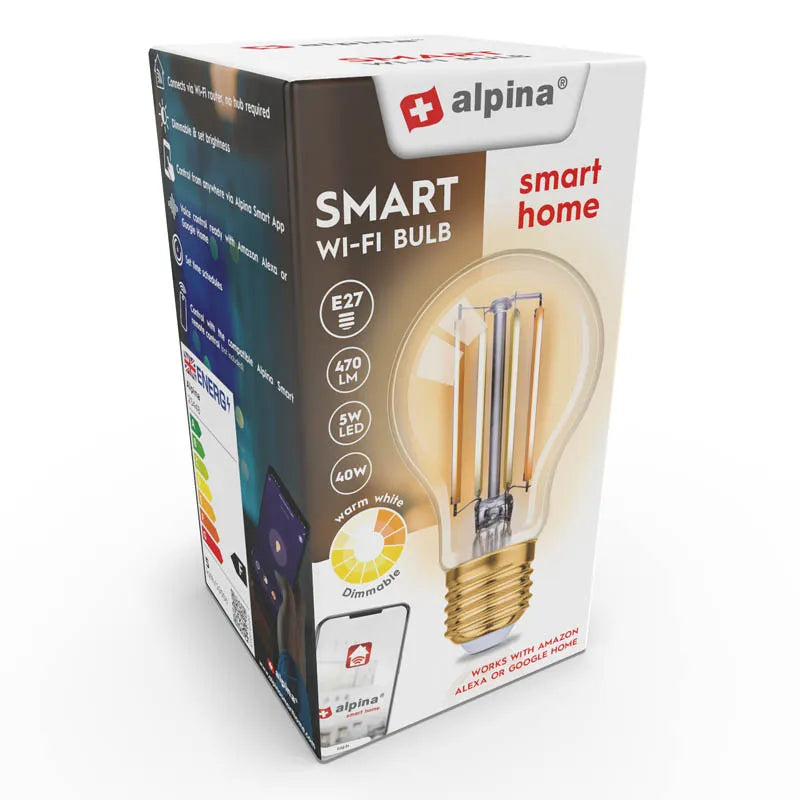 Alpina – išmanioji „Wi-Fi“ lemputė, E27 cokolis, 4,9 W galia, šilta balta šviesa