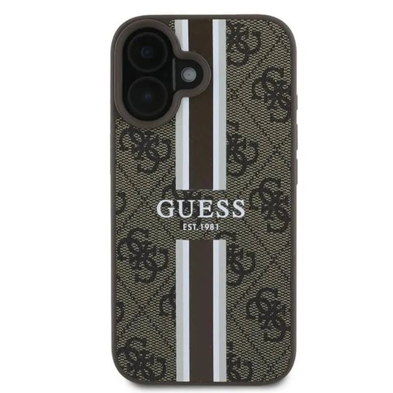 Guess 4G Printed Stripes MagSafe – dėklas iPhone 16 Plus (ruda)