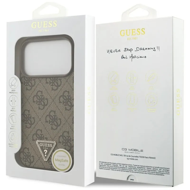 „Guess Leather 4G Triangle Strass MagSafe“ – dėklas „iPhone 17 Pro“ (rudas)