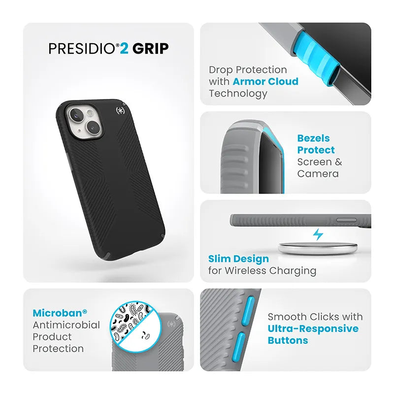 Speck Presidio2 Grip – Dėklas iPhone 17e / 16e / 15 / 14 / 13 (juodas / pilkas / baltas)